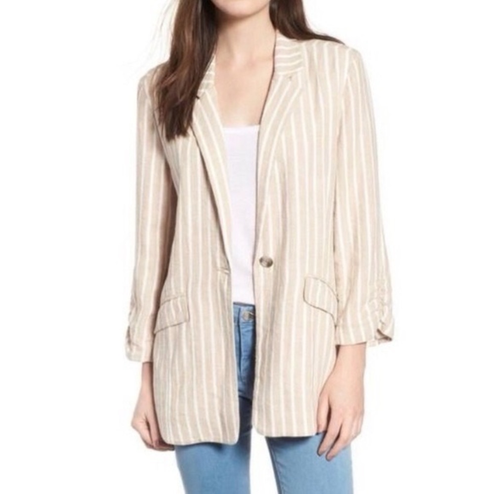 BP Beige Striped Women's Linen Blazer